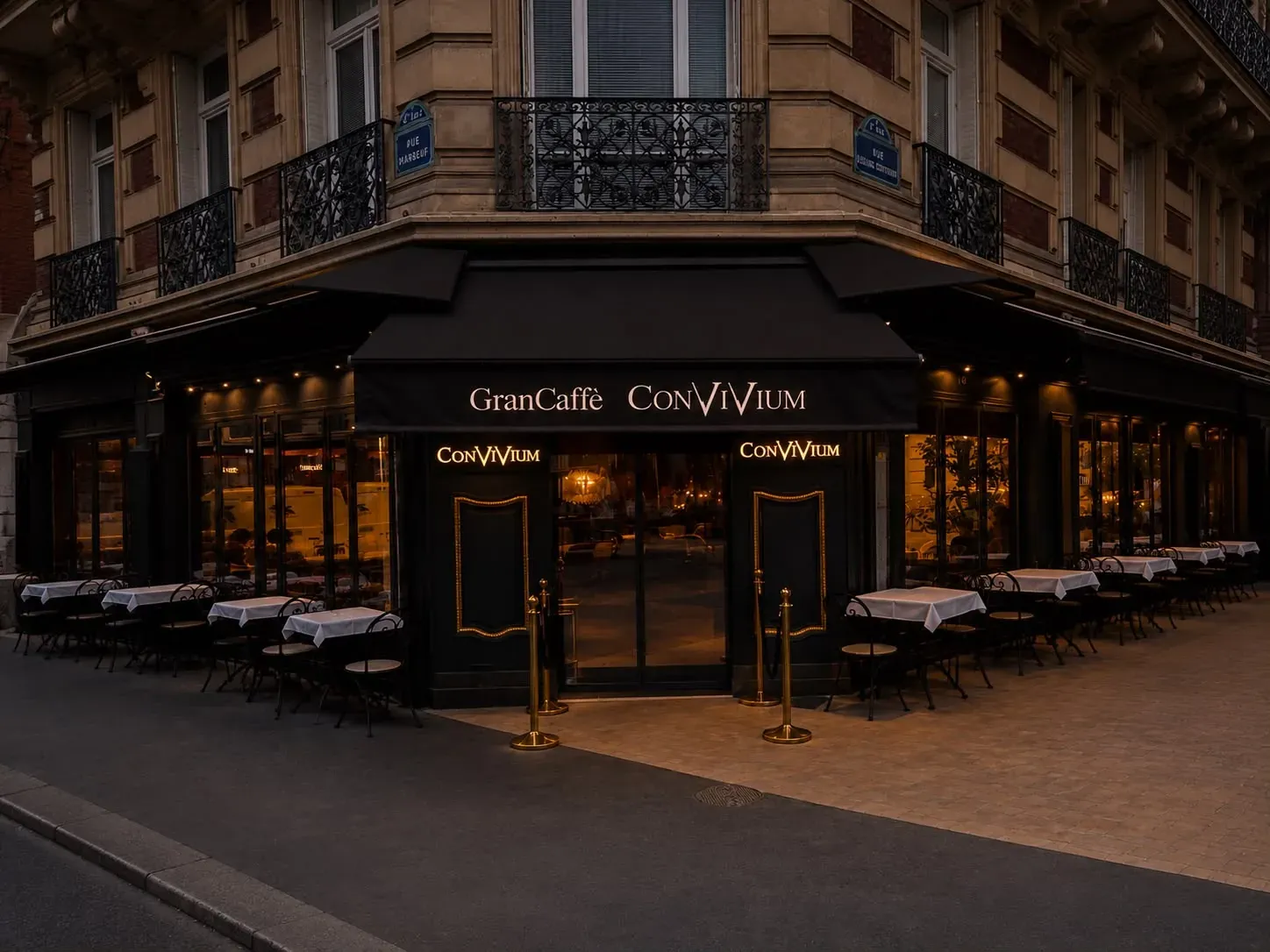 The Gran Caffè Convivium terrace and awning on the corner of Rue Marbeuf in Paris at dusk