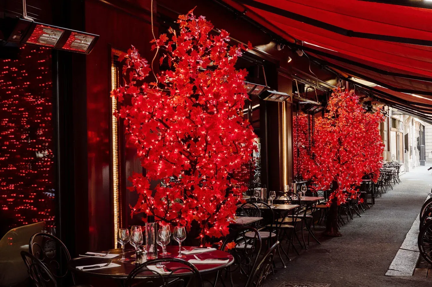 Heated terrace lined with illuminated red blossom trees and tables set under the awning