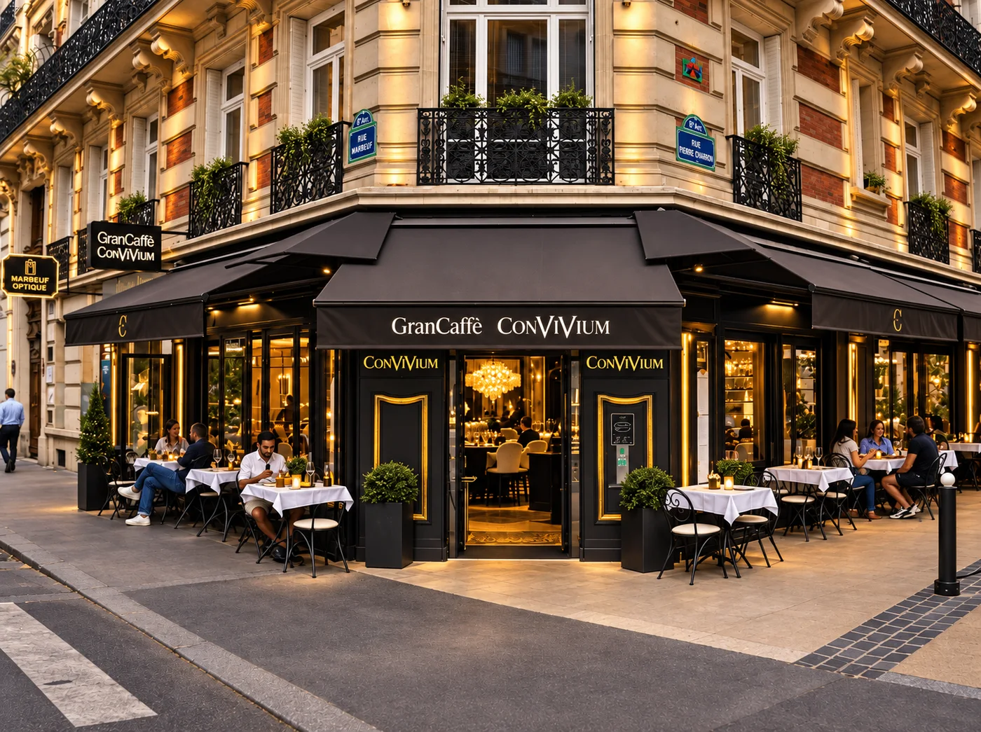 Façade et terrasse du Gran Caffè Convivium à l'angle de la rue Marbeuf, le soir
